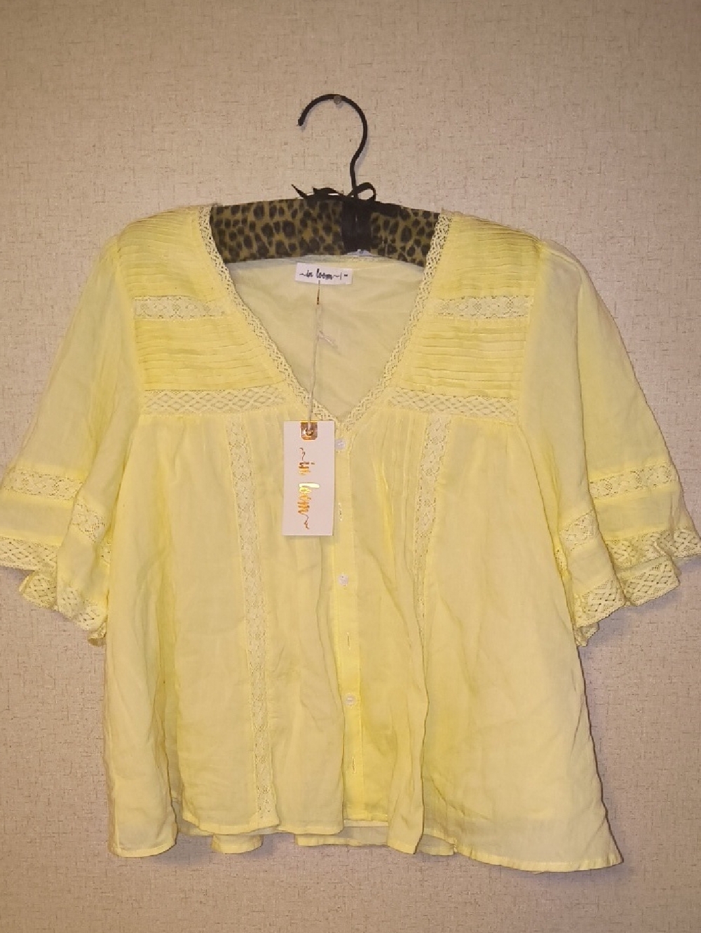 Pale Yellow Lace-Trim V-Neck Blouse